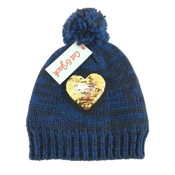 Cat & Jack Girls Beanie Hat Knit Pom Heart Sequins Flip Blue OSFM One Size - Picture 2 of 5
